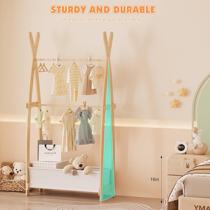 HedoAjim Kids Clothing Rack Dress Up Storage Shelf Closet for Girls Pet Coat Baby Garment Wardrobe Toddler Costume Closet Organizer Hanging Clothes with Double Hanging Rod Wood Nursery