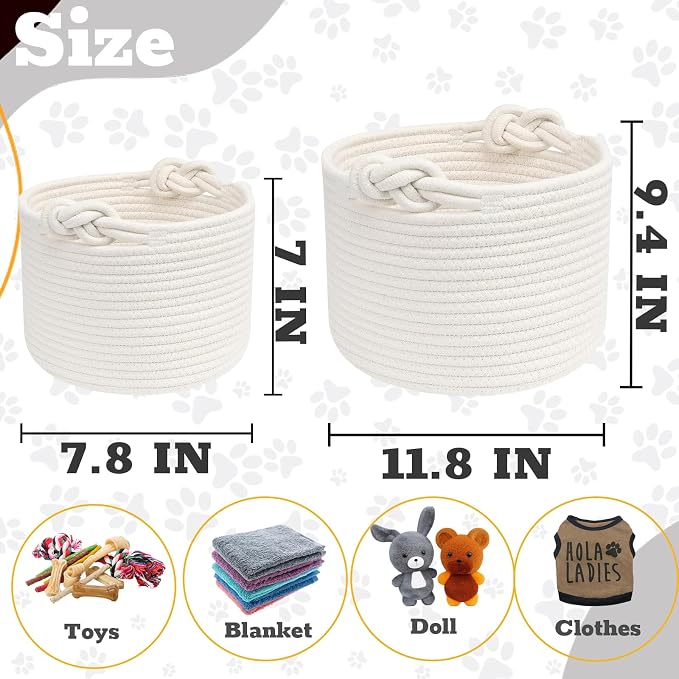 Personalized Dog Toy Storage Basket - Custom Woven Cotton Rope Bin with 3D Cord Name for Puppy Accessories, Treats & Pet Organization White L
