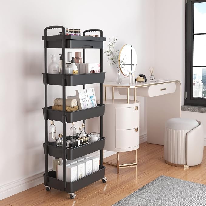 Calmootey 5-Tier Utility Cart with Drawer & Wheels, Storage for Home,Office | Space-Saving Organizer, Sturdy Plastic Shelves, Smooth-Rolling Metal Wheels, Built-in Drawer for Small Items, Black
