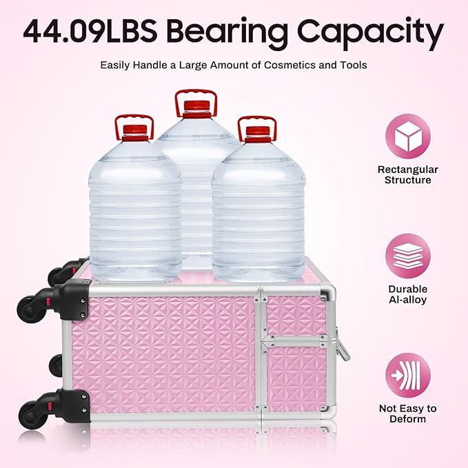 Makeup Rolling Case, Professional Rolling Nail Case Wheeled Manicure Storage Case Polish Organizer w/ Universal Wheels, Portable Adjustable Studio Travel Cart for Nail Technicians Hairstylist (Pink)