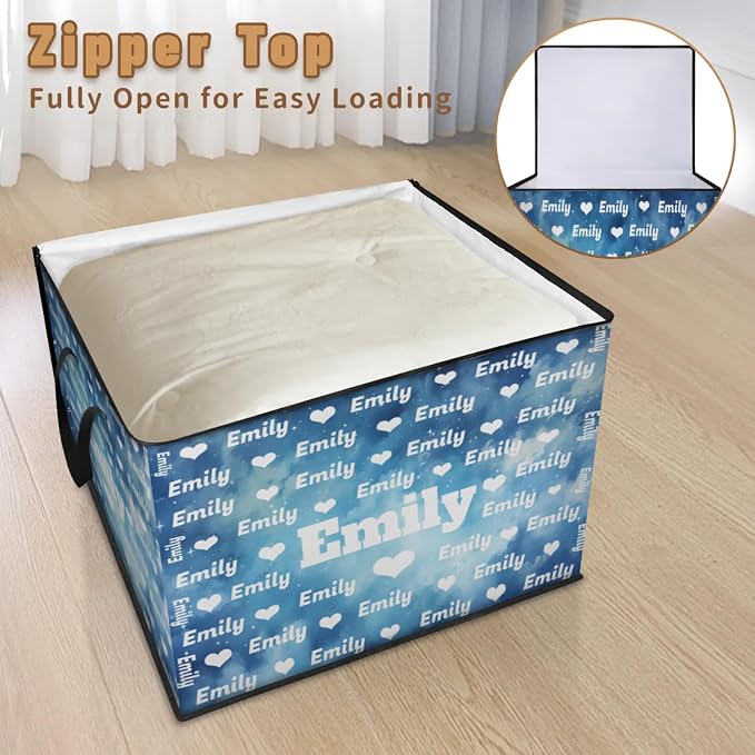 Personalized Name Large Storage Basket with Lid, Watercolor Blue Starry Night with Love Heart Canvas Storage Bins Quilt Clothes Organizer for Bedroom, Kitchen, Bathroom, Nursery, Shelves, Closets