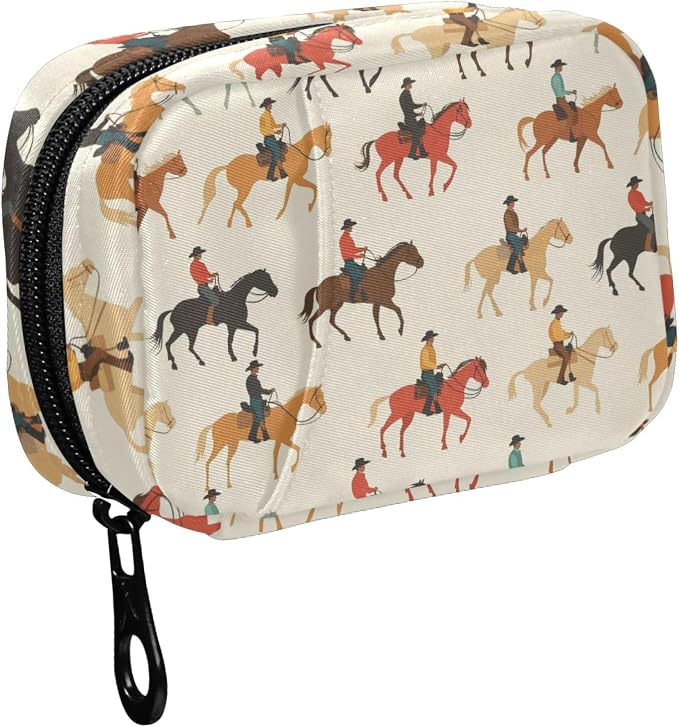 Fustylead Colorful Western Cowboy Riding Horse Pill Organizer for Purse, Weekly Portable Pill Box with Zipper to Storage Vitamins Fish Oils Medications Supplements