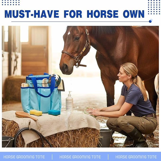 Abbylike Grooming Tote,Vintage,15 x 12 x 5.5 Inch,Blue | Tote Bag for Horses and Dogs, Organize Tack Tools Equestrian Grooming Kit, Care Portable with Multiple Pockets for Supplies