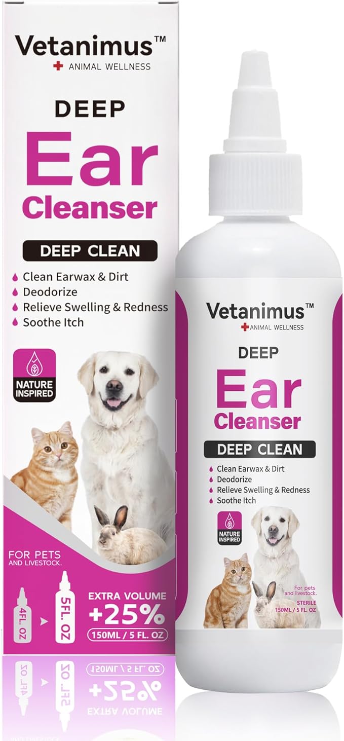 Ear Cleanser 150ml/5 fl.oz for Dogs Cats and Livestock Gentle Cleansing and Soothing Ears 1 Bottle
