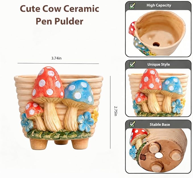 Ceramic Mushroom Shaped Pen Pencil Holder for Desk Decoration Accessories Mushroomb Decor Makeup Brush Pen Cups Office School Ideal Gifts for Women, Mom or Birthdays