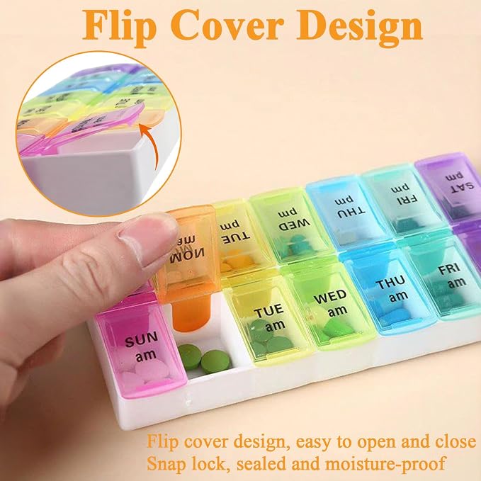 Travel Daily Large Pill Organizer, Weekly Portable Pill Dispenser | Daily Pill Case Box Holder, Elder Medication Planner for Vitamin, Medicine, Fish Oil, Supplements, 14 Compartment, Colorful