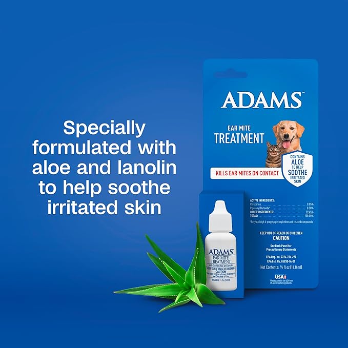 ADAMS Ear Mite Treatment for Dogs, Cats, Puppies & Kittens, Kills Ear Mites On Contact, Ear Drop Relief for Dogs and Cats Suffering from Ear Mites, Soothing Aloe and Lanolin Formula, 0.5 Fl oz