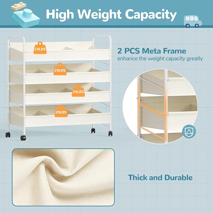 Kids Toy Storage Organizer with 4 Shelves & Wheels for Playroom | White, Large Size, Steel Frame & Oxford Fabric, Rolling Casters with 2 Locks, Safe Rounded Edges, Easy Assembly
