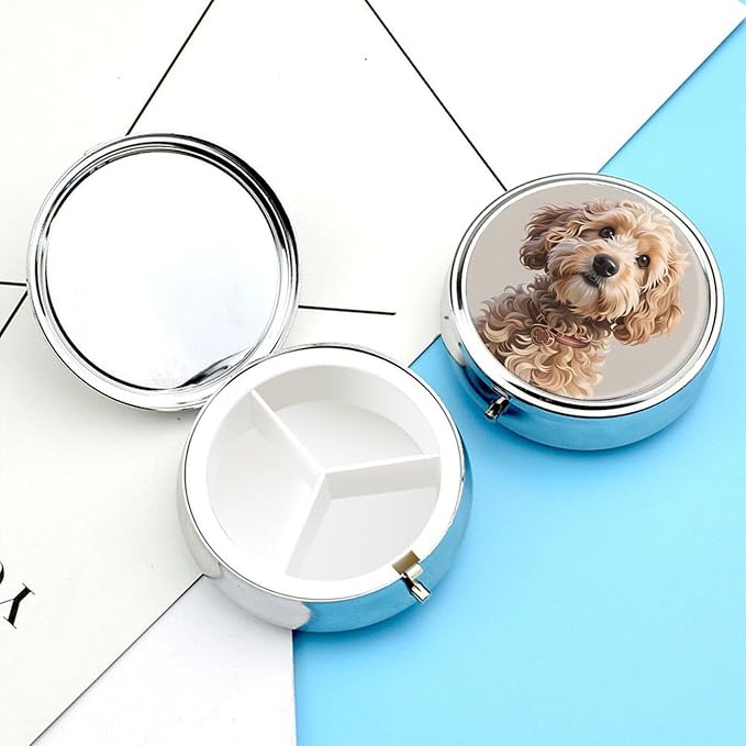 Cute Cockapoo Metal Pill Organizer with Mirror, 3-Compartment Travel Pill Box, 2-Inch Round Pocket Medicine Case with Secure Latch, Portable Vitamin Holder for Women & Men
