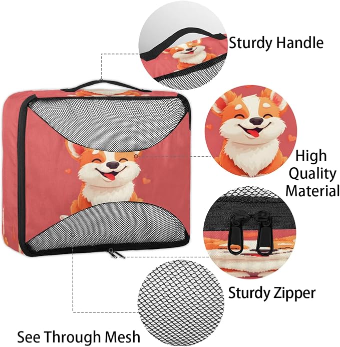 4 Set Packing Cubes for Travel, Animal Corgi Packing Cubes for Women, Travel Luggage Packing Organizers, Packing Cube Set, Cute Corgi Heart