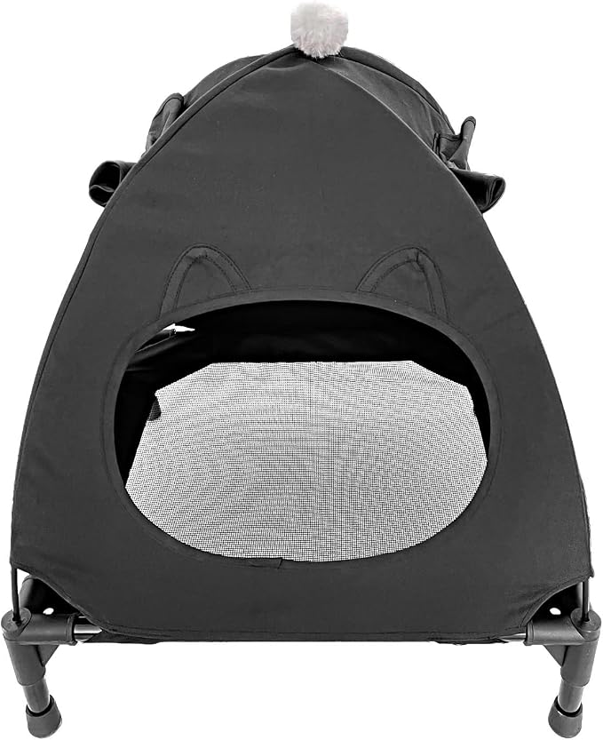 Pozico Elevated Pet Bed with Breathable Mesh for Small Cat and Dog, Raised Cooling Pet Cot for Puppy and Kitty, 18.9x18.9 inch (Black Bed with Canopy)