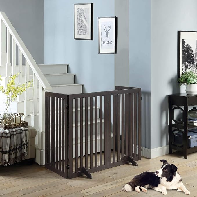 unipaws 36”H Free Standing Pet Gate for Dog Cat, 80”Wide Wooden Dog Gates | Foldable Pet Fence for Doorway, Stairs, Step, Expandable Doggy Barrier, Indoor Use