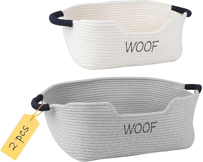 2 pack Dog Toy Baskets ,Pet Rope Basket for Dog Cat Toys,Dog Toy Bin with Handles,Woof Puppy Toy Storage Basket,Puppy Bed,Dog Stuff Organizer for Toys,Collar,Leash,Nursing Supplies-Beige+Gray