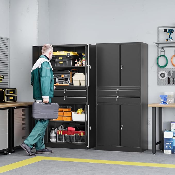 Metal Garage Storage Cabinet,71" Heavy Duty Steel Tool Cabinet with 4 Door Lock-Adjustable Shelves and 2 Drawer for Garage Home Office Utility Room (Black)