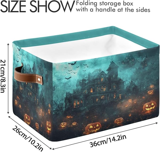 Halloween Castle Storage Basket with Waterproof Liner and PU Handles Spooky Bat Pumpkin Lantern Storage Bins Boxes 14.2" Collapsible Decorative Organizer Baskets for Bedroom Closet Office 1 Pack