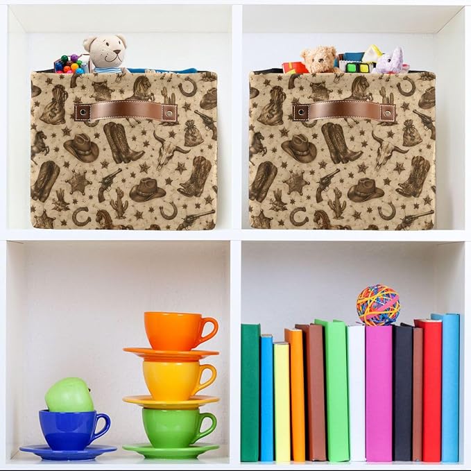 Kigai Storage Basket, Fabric Collapsible Closet Organizer Bin | Western Print Waterproof Foldable Canvas Basket with Handles for Shelves, Nursery, Closet, Bedroom & Bathroom
