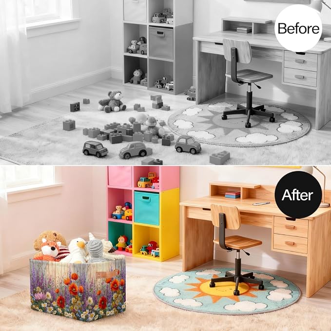 Pardick Storage Baskets Bin, Spring Flower Wood Collapsible Canvas Fabric Storage Bin Decorative Baskets Toy Organizer Rectangle Storage Boxes with handles for Home Shelves Nursery,A-3