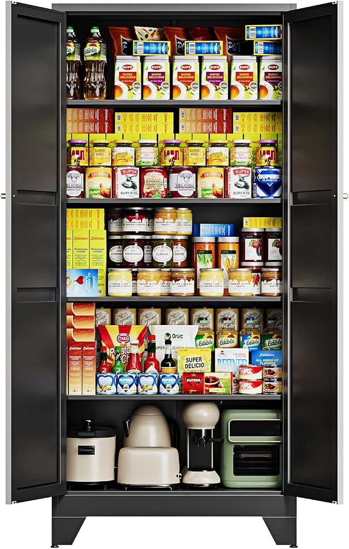 75" H Metal Storage Cabinet with 2 Doors and 4 Shelves,Tall Kitchen Pantry Cabinets,Farmhouse Utility Pantry Organizers for Cupboard/Dining/Bathroom/Home Office/Garage Room,Black