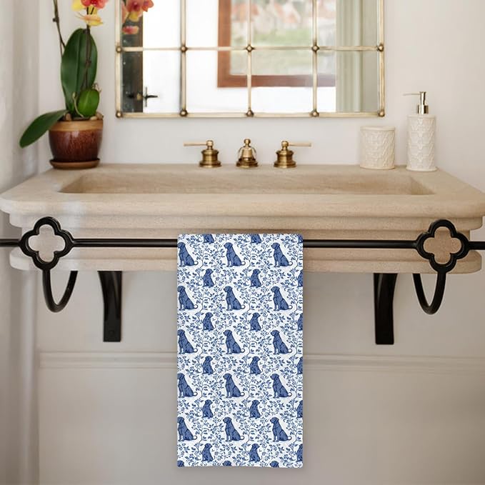 Chicimln Chinoiserie Black Labrador Retriever Kitchen Towels, Black Lab Gifts Decorative Hand Towels for Bathroom, Blue and White Dog Dish Tea Towel Drying Cloth for Kitchen Decor, 16x24 Inch