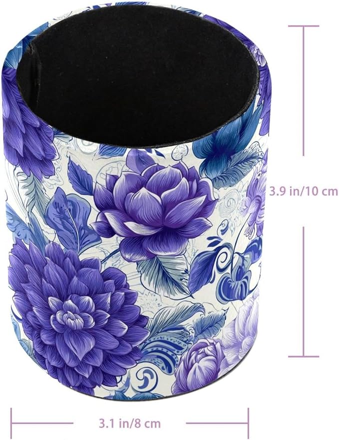 Faux Leather Pen Holder for Desk, Pencil Organizer Purple Flowers Pen Cup Desk Decor Makeup Brush Holder Storage for Office Home