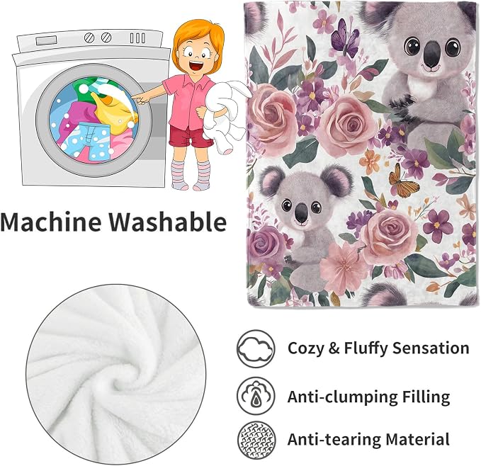 Koala Blanket,50x60in,Cute Floral Pastel Blossom Throw Blankets,Gifts for Kids Adult & Animal Lovers, Lightweight Soft Fleece,for Sofa Couch Bed Room Modern Decor