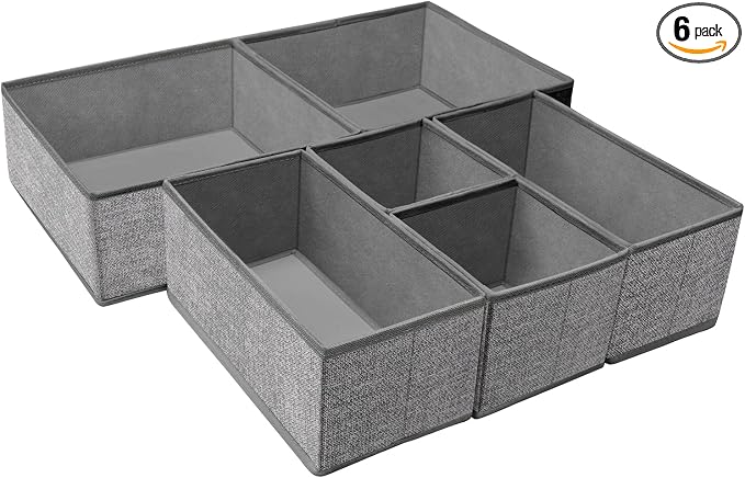 Foldable Underwear Drawer Organizer, Closet Dividers, Storage Box for Clothes, Socks (6 Bins, Gray)