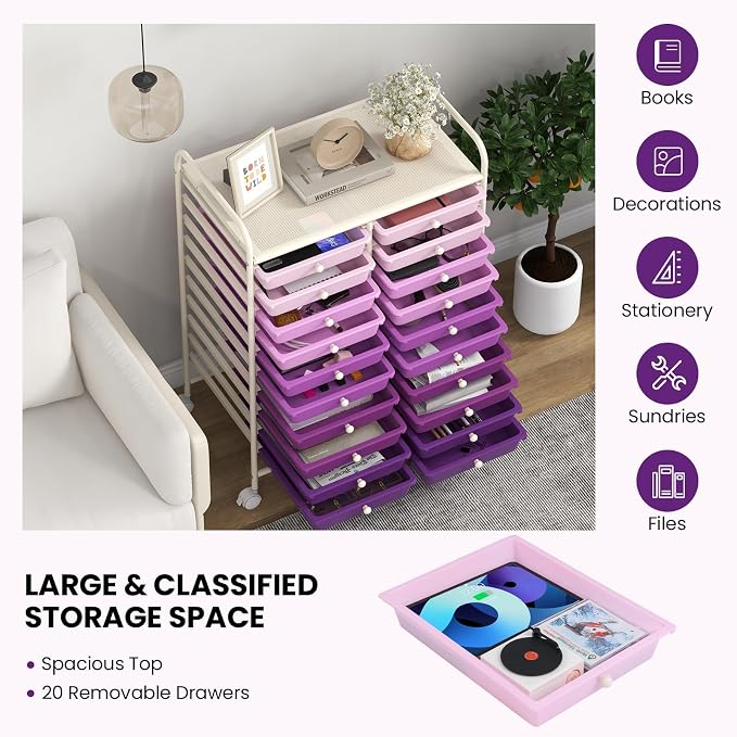20 Drawer Rolling Storage Cart, Art Cart Organizer with Wheels for Makeup, Tool, Paper, Multipurpose Craft Storage Cart with Drawers for Office, Home, Classroom, School (Gradient Purple)