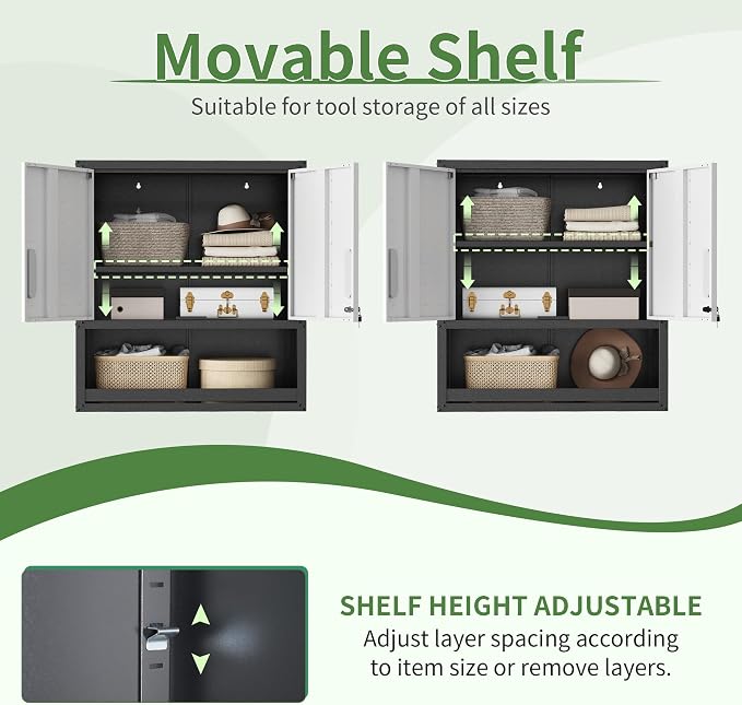 Garage Wall Cabinet with 2 Locking Doors Metal Storage Cabinet | Wall Mounted Steel Tool Cabinet with Doors and Shelf Hanging Cabinets for Garage Warehouse Bathroom Kitchen,Assembly Required