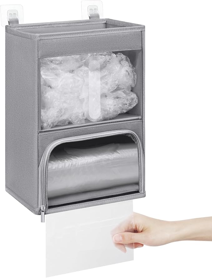 2-in-1 Plastic Bag Holder with Clear Window, Large Grocery Bag Holder and Garbage Bag Dispenser with Easy-Access Openings, Trash Bag Organizer for Kitchen RV Cabinet Wall Mounted(Gray)