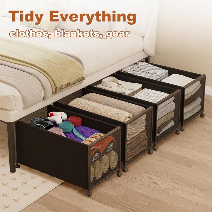 Fokyfok 2Pack Under Bed Storage Containers,14 inch Height,31 inch Long | Under Bed Shoe Storage,Underbed Storage with Wheels,Large Rolling under bed Clothes Storage Drawers,Lid,Dorm Tall,Black