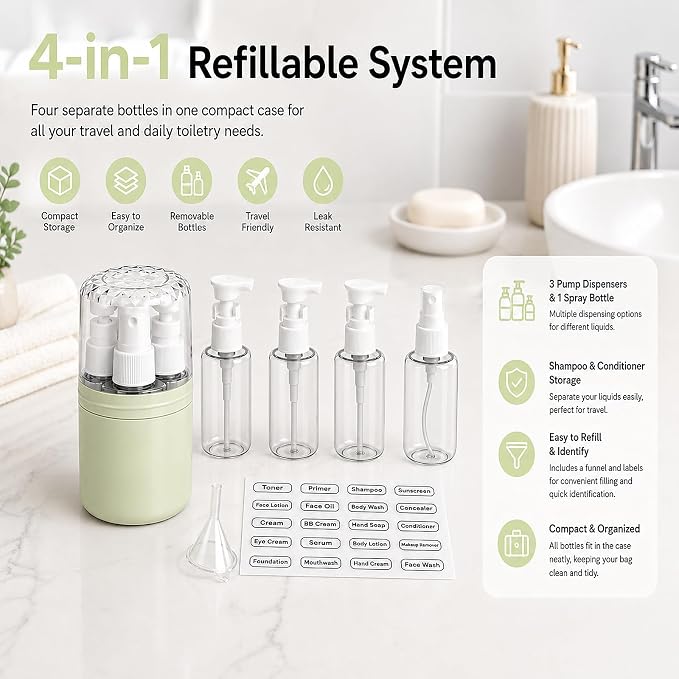 4-in-1 Travel Dispenser with 4 x 50 mL Bottles, Green | 4 refillable 50 mL bottles, pump and spray tops, included label stickers, compact design for toiletries, travel, gym