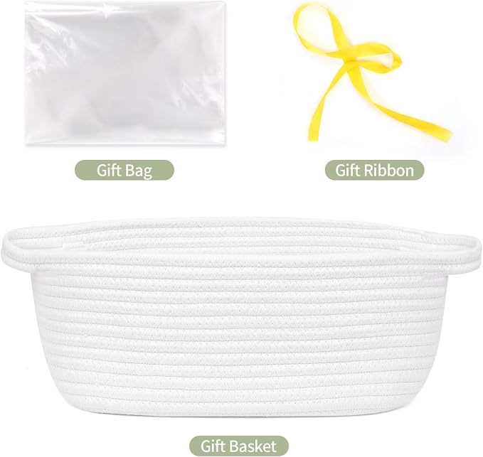 Gift Basket Empty with Handles, 12x8x5 inch - Small Cute Woven Rope Basket for Baby Nursery, Kids Toys - With Gift Bag & Ribbon, Perfect for Wedding, Birthday Gifting (Cream White, 1PC)