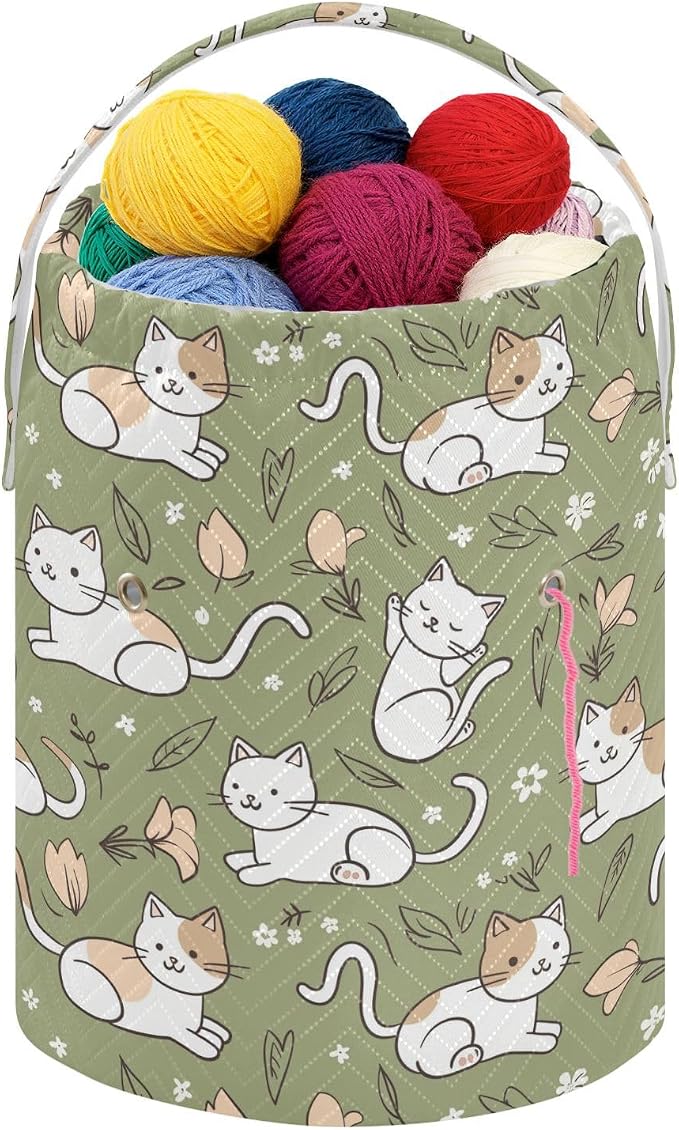 Fustylead Simple Cute Cats and Flower Leaves Crochet Drawstring Organizer, Large Yarn Bag Storage Tote Basket for Crocheting On The Go, Kit Holder, Gift for Knitter, Crochet Beginner