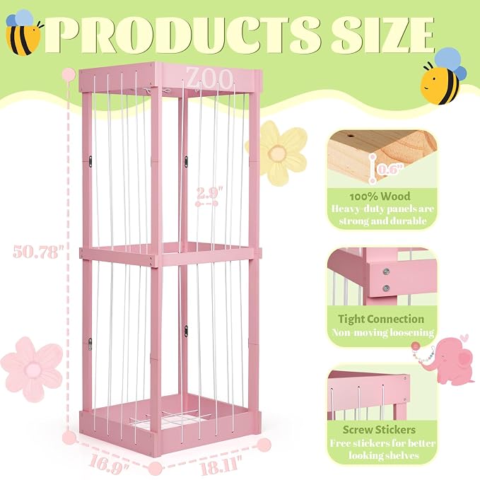 Trycooling Wood Stuffed Animal Zoo Stuffed Animal Storage, Pink | Plushie Storage, Stuffed Animals Zoo Storage Cage with Zoo Pattern Elastic Band for Nursery Play Room Bedroom