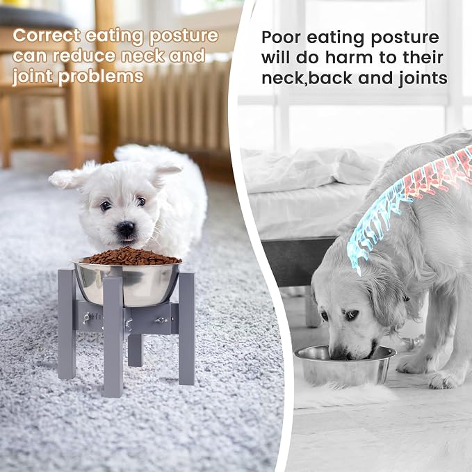 Elevated Dog Bowl Stand Adjustable Dog Food Holder 7”H Small Grey | 7” Elevated Dog Bowl Stand, Small Dogs, Adjustable, Fits 6”-8” Bowls, Single Bowl Holder, Natural Bamboo, Classic Grey