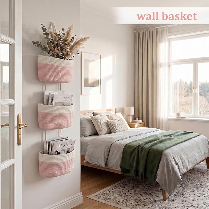 TeoKJ Over the Door Hanging Basket, 3-Tier Woven Cotton Wall-Mounted Storage Organizer Bag Decorative Hanging Nursery Baskets, Pink & White