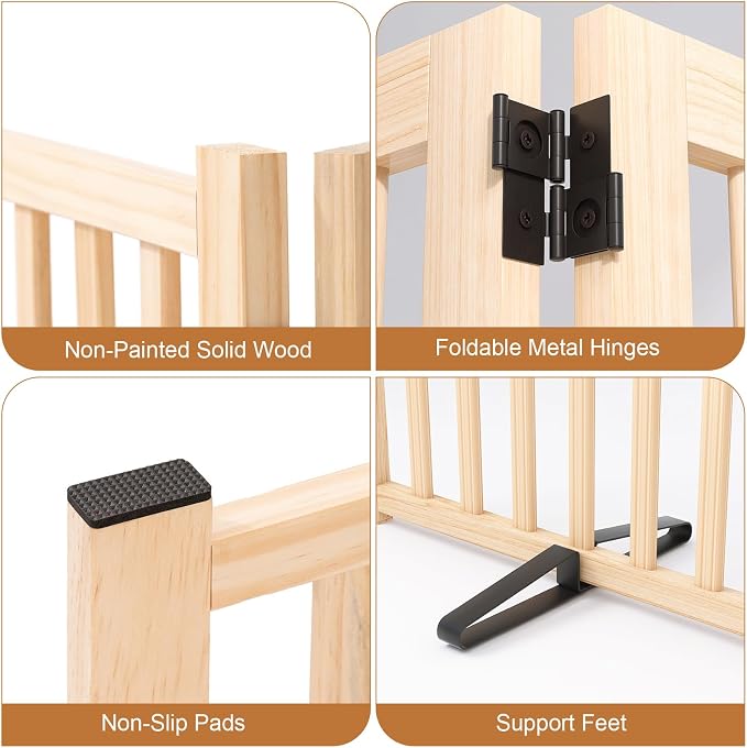 YOCAN Non-Painted Wooden Freestanding Dog Gates -4 Panel H:23” | Pet Gate for The House,Doorways, Stairs,Wood Dog Fences Indoor Pet Gate,Step Over Fence