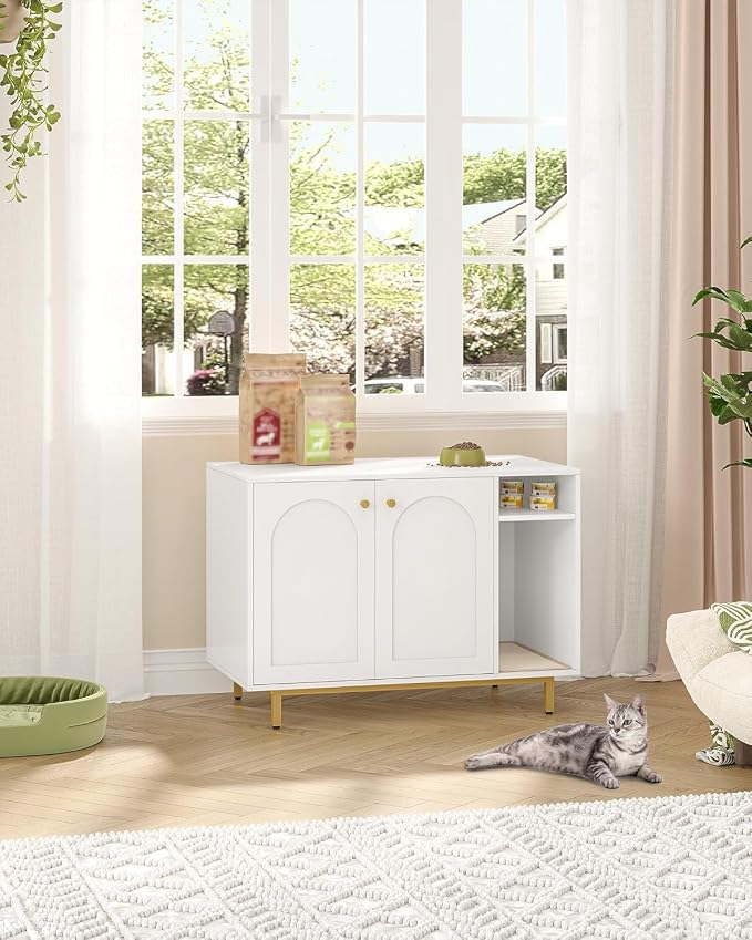 Hzuaneri Cat Litter Box Enclosure,Hidden Litter Box Furniture with Storage | Large Wooden Cabinet with Sisal Mat, Modern Cat Washroom for Living Room, Bedroom, Entryway, White and Gold CB84903A
