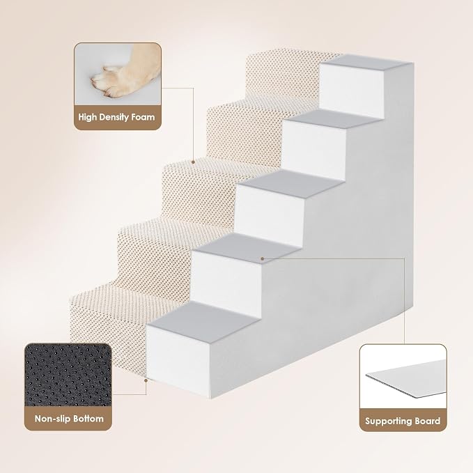 EHEYCIGA Dog Stairs for High Bed 22.5" H, 5-Step Extra Wide Dog Steps for Bed, Pet Steps for Small Dogs and Cats, Non-Slip Balanced Pet Ramp Indoor, Beige