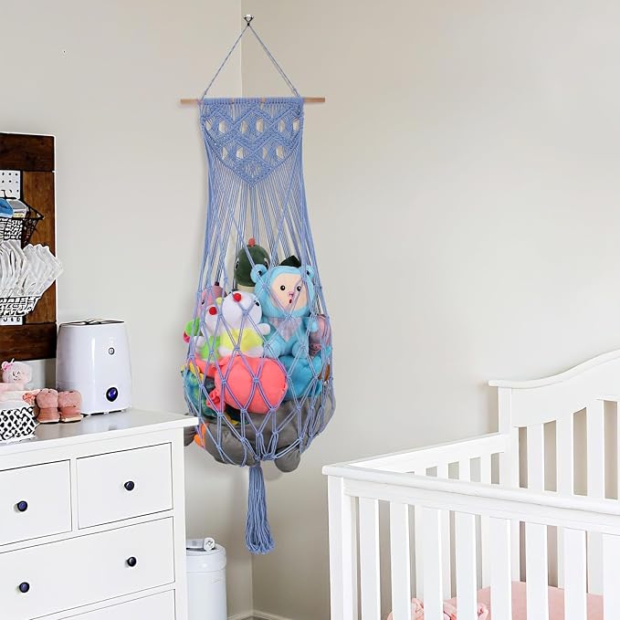 63 Inch Stuffed Animal Storage Hammock Corner, Stuffy Plushie Net,Blue | Wall Ceiling Over Door Hanging Toy Hammock for Stuffed Animals,Plushies Organizer w/ Star Lights,Nursery Kid Room Decor Gift