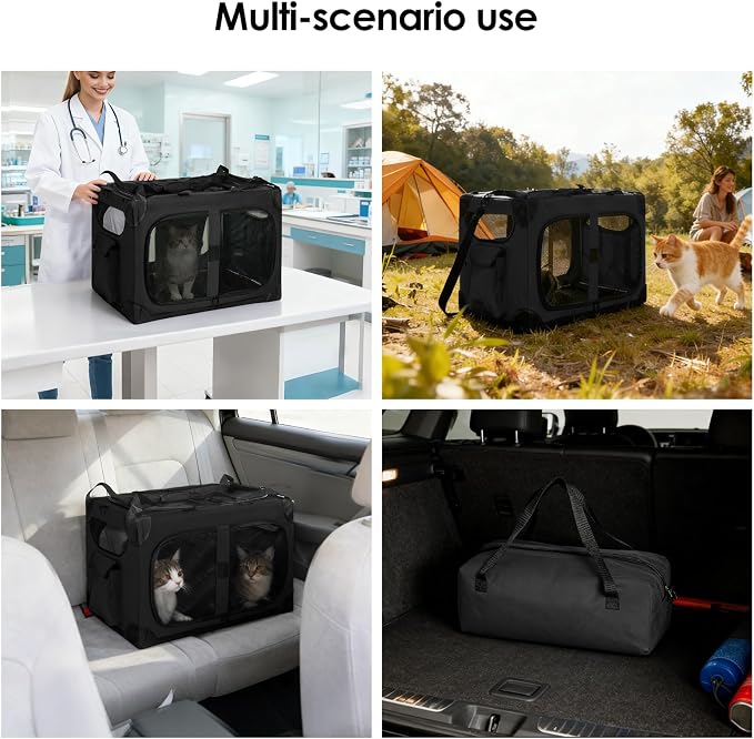 Extra Large 2-Cat Foldable Pet Travel Carrier,24"x17"x17",Black | Removable Divider, Metal Frame Support, Breathable Mesh Panels, With Storage Tote & Padded Straps
