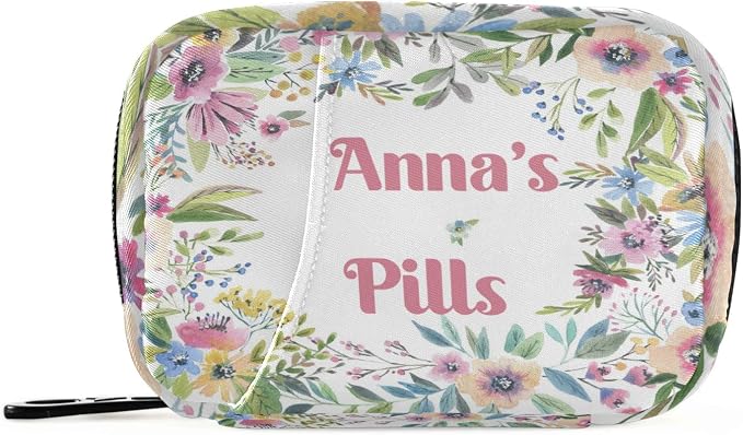 Custom Pill Box 7 Day Pill Case Bag Watercolor Flower Personalized Name Travel Pill Organizer Bag with Zipper Portable Weekly Case Compact Size for Vitamin Supplement Holder