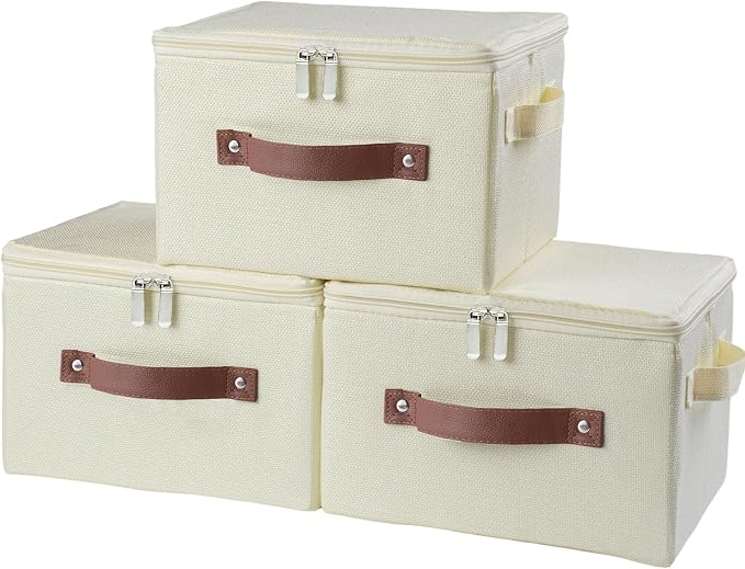 3PCS Storage Bins with Zipper Lid Decorative Lidded Storage Boxes | Collapsible Cotton Linen Fabric Storage Baskets, PU Leather Handle, Stackable Shelves Closet Organizer(Beige, Small)