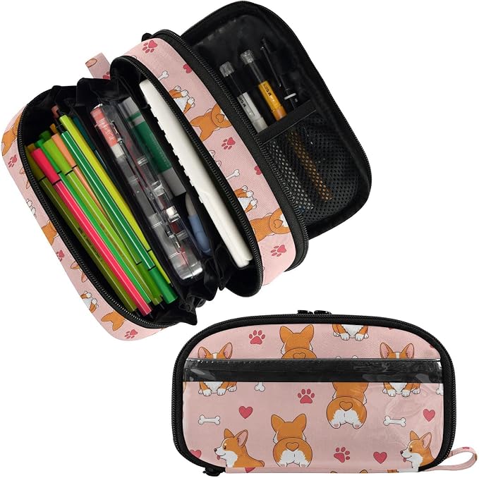 Cute Pets Heart Pink print Large Capacity Pencil Case with Zipper Water Resistant Portable Organizer Pen Bag for Students School Office