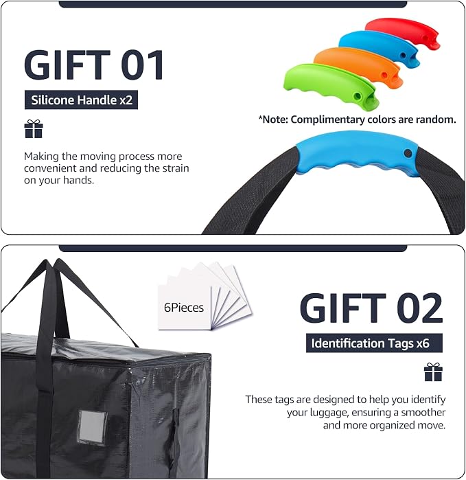 Moving Bags Heavy Duty Extra Large, Moving Boxes, Moving Supplies Essentials, Blue Storage Bins with Lids, Plastic Packing Totes, Storage Bags for Clothes with Handles & Zippers(Black, 6 Pack)