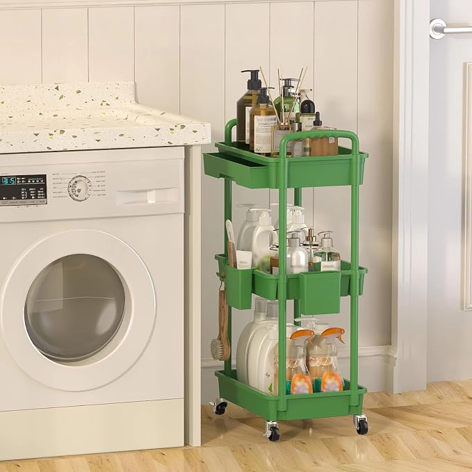 3 Tier Rolling Utility Cart with Drawer, Plastic Storage Organizer Rolling Carts with Wheels Handles Hanging Cups Hooks for Office, Bathroom, Kitchen,Craft Art Room (Green)
