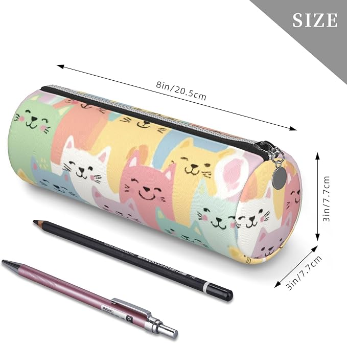 OSAM SPACE Leather Pencil Case Round Pencil Bag Cute Cats Pet Pen Organizer Holder Portable Zipper Pouch Cute School Supplies for Girls Boys Study Office