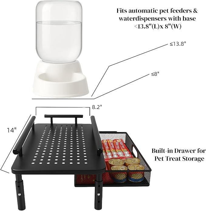 Dog Water Bowl Dispenser Stand with Storage Drawer & Metal Holder Compatible with Automatic Feeders & Water Dispensers - Adjustable Height, Raised Elevated Platform for Cats, Small & Medium Dogs