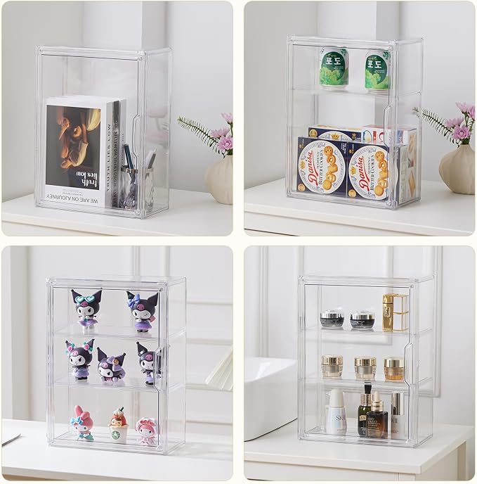 3 Tiers Clear Acrylic Display Case, Plastic Storage Bins with 2 Adjustable Divider and Magnetic Door,Stackable Display Box for Figures Showcase (2pack)