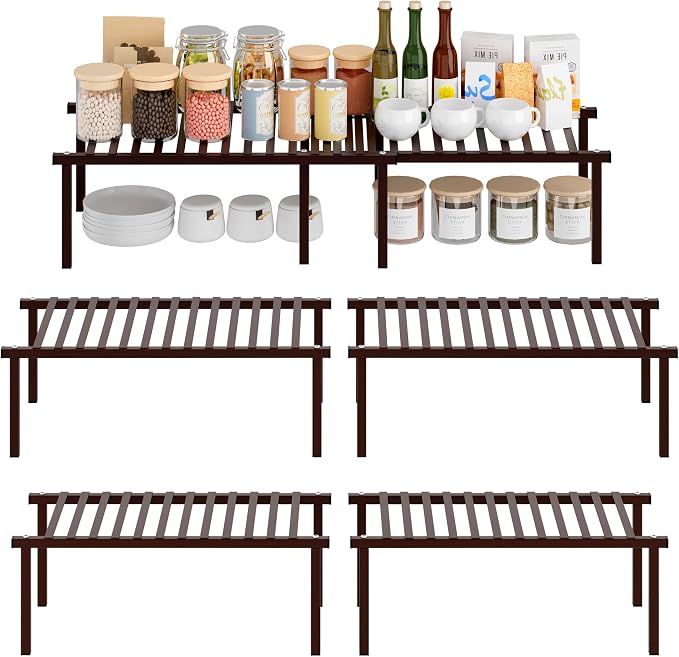 STORAGE MANIAC Expandable Cabinet Organizer Shelf, Set of 4, Brown | 15.8 inches Expandable, Stackable Wire Shelf, Spice Rack, Metal Pantry Storage for Plate Dish, Kitchen Counter Shelves